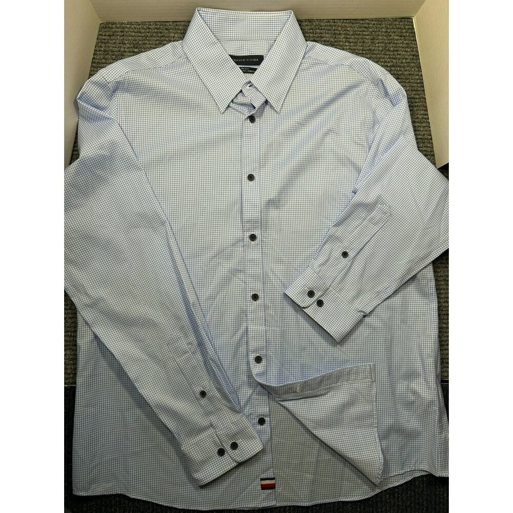 Tommy Hilfiger Men's Blue White Check Button-Down Shirt L Long Sleeve Stretch
